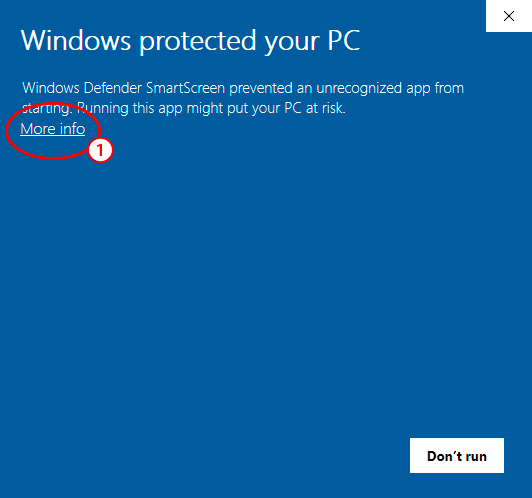 Windows SmartScreen dialog with More info highlighted